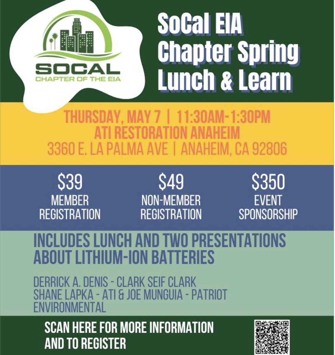 We invite you to join us and learn about “Lithium-Ion Battery Fire Prevention, Response, &amp; Recovery” with SoCal Environmental Information Association (EIA) members, tomorrow, May 7, in Anaheim, CA.

For more information and to register, visit members.eia-usa.org/ap/Events/Regi…