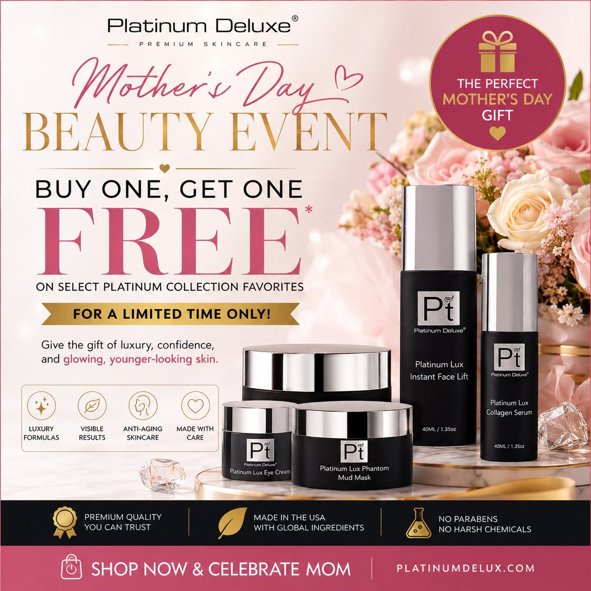 platinumdelux's tweet photo. Press Release Stats - Platinum Deluxe Celebrates Mother's Day With Buy One Get One Platinum Skincare https://t.co/7FfcTrVOGg https://t.co/3LKIVSCYbE