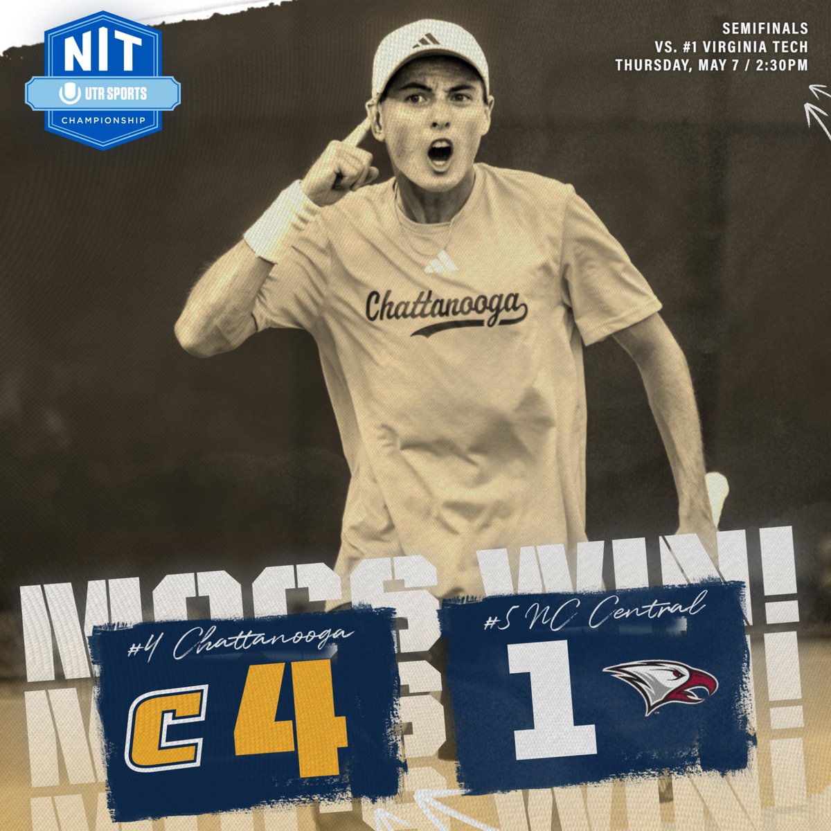 GoMocs's tweet photo. MOVING ON: No. 4 @GoMocsMTennis Downs No. 5 NC Central 4-1; Advances to @UTR_Sports_ NIT Championship Semifinals

Chattanooga will face No. 1 Virginia Tech tomorrow (May 7) at 2:30 p.m. (ET) in the semifinal round.

🔗 https://t.co/zLGIM9xpIf

#GoMocs https://t.co/E6pIjebnmF
