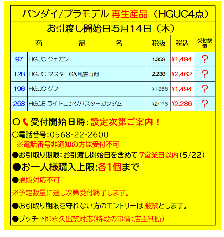 われに 異変無くば 5/8明晩より 順次（～5/10？） 5/14お引渡し開始分