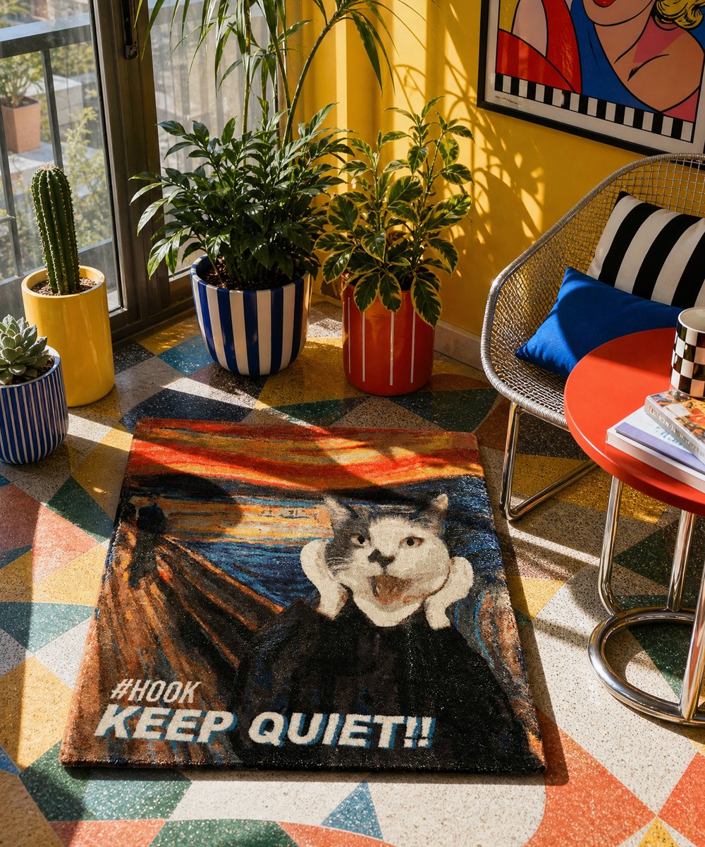 hooktokyo's tweet photo. アート感のある猫グラフィックが目を惹くポップラグマット
置くだけでお部屋のアクセントになる、遊び心たっぷりのデザインに仕上げました

デスク下やベッドサイドにも使いやすく、韓国インテリアやレトロポップな空間にも相性抜群
猫好き・アート好きにおすすめのアイテムです

PRICE：¥3,590（税抜）
品番：Hkditcata

A pop-style rug mat featuring eye-catching artistic cat graphics.
Designed with a playful vibe that instantly adds character and color to your space.
Perfect for under a desk, beside the bed, or as a statement piece in your room.
A great match for Korean interiors and retro pop-style spaces.
Recommended for cat lovers and art lovers alike.

#HOOK#HOOKTOKYO#HOOKoriginal#26SS
#ラグ#ラグマット#猫#猫好き#猫インテリア#ポップインテリア#韓国インテリア#レトロポップ#インテリア雑貨#部屋作り#カラフルインテリア#アート#catlover#roomdecor#popart#rugmat