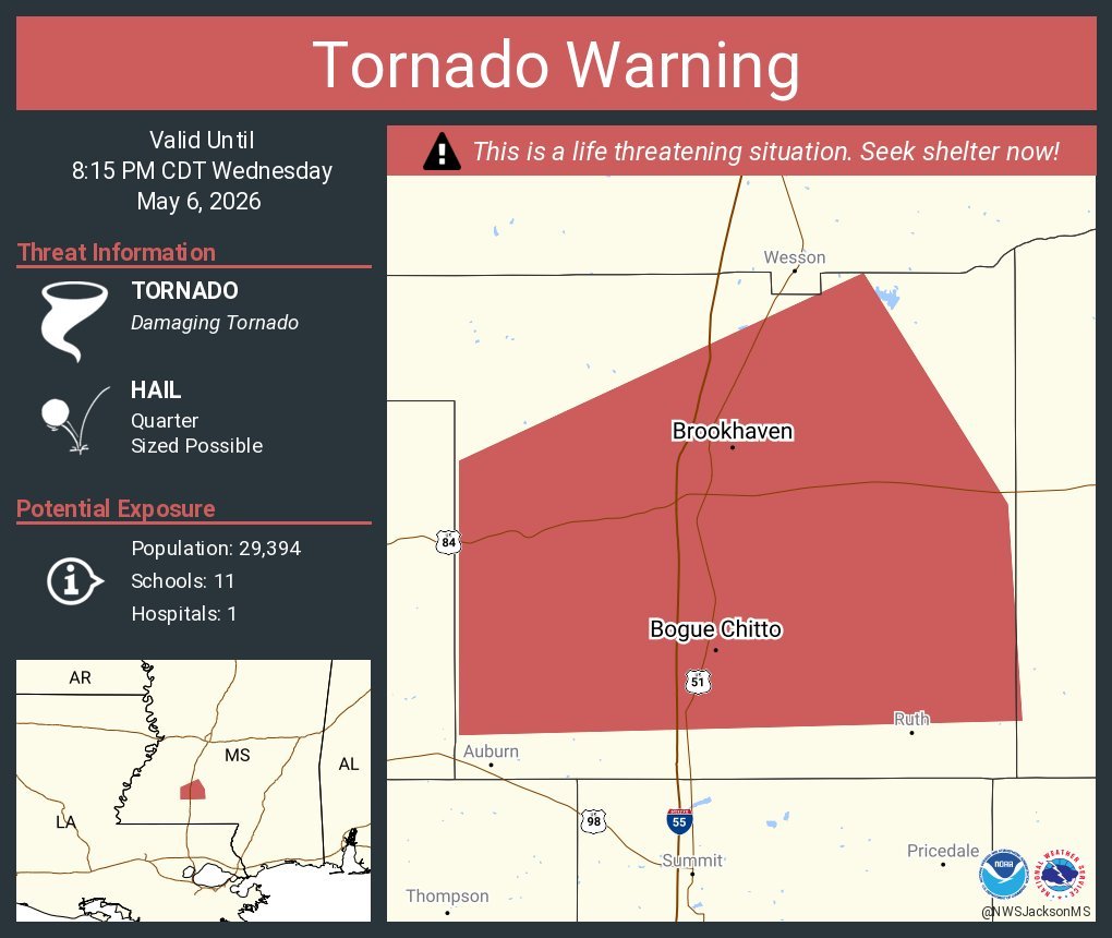 FaytuksWeather's tweet image. A large tornado is ongoing near Brookhaven, MS. This is a very dangerous situation! Take cover now if you are in the path!