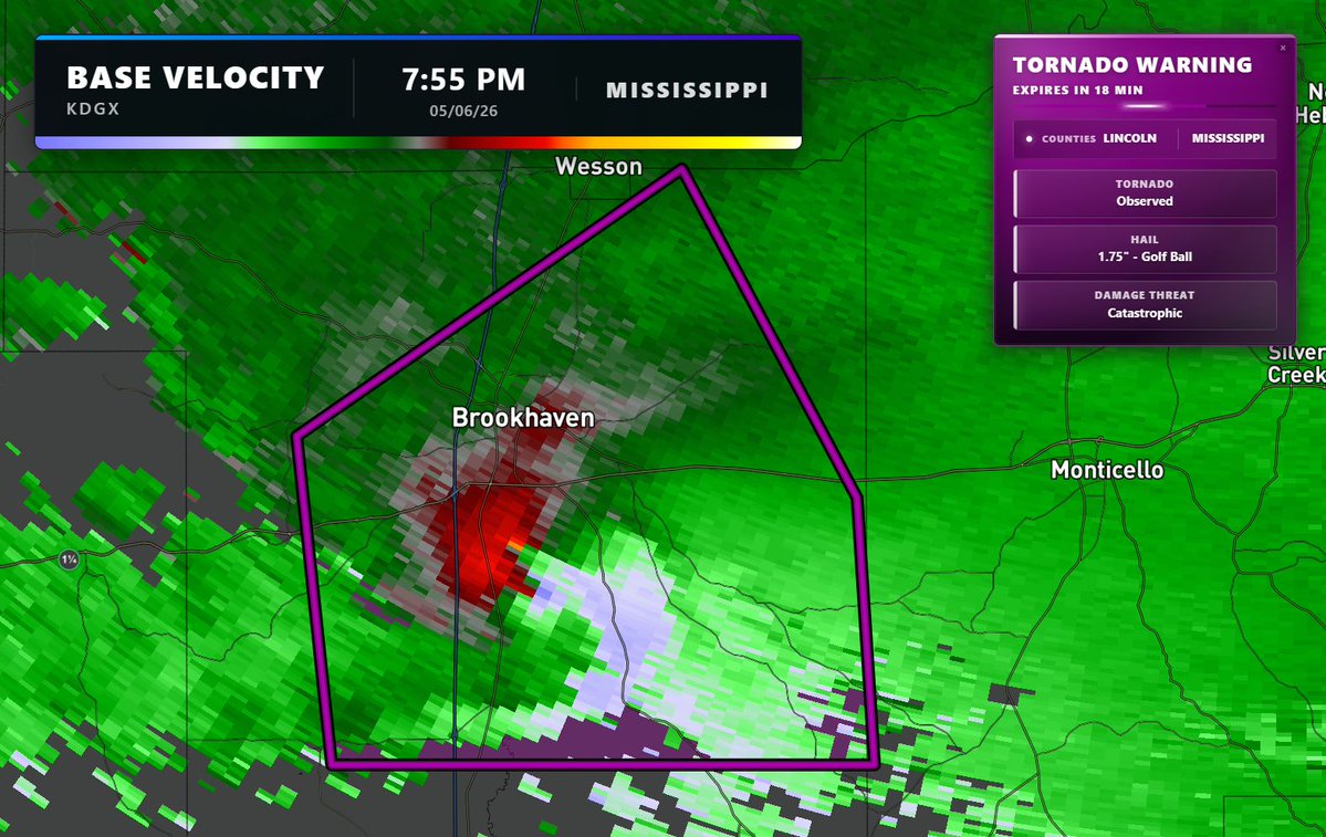 MaxVelocityWX's tweet image. ANOTHER TORNADO EMERGENCY for Brookhaven, Mississippi! Seek shelter IMMEDIATELY if you are in this warning! 

LIVE: youtube.com/watch?v=uzuhN-…