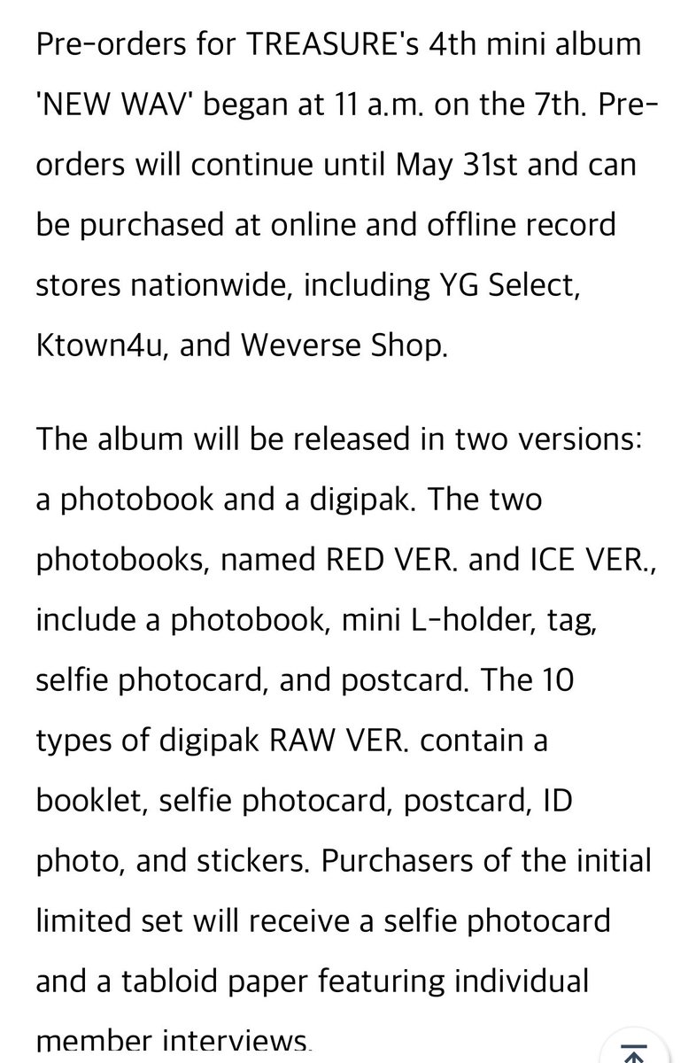 อัลบั้ม “NEW WAV” จะมี 2ver. หลักๆ คือ Photobook ver. และ Digipack ver. เปิดพรีวันนี้ เวลา 11.00 โมง!!!

– RED ver.
– ICE ver.
– RAW ver. (10เมม)

*ดิจิแพค ซื้อล็อตแรกเหมือนจะมีแถมการ์ดเซลฟี่เพิ่มเซต10เมม เหมือนบั้มอื่นๆก่อนหน้านี้
**เปิดพรีวันนี้ เว็บหลักๆจะเป็น YG/KTOWN/WEVERSE