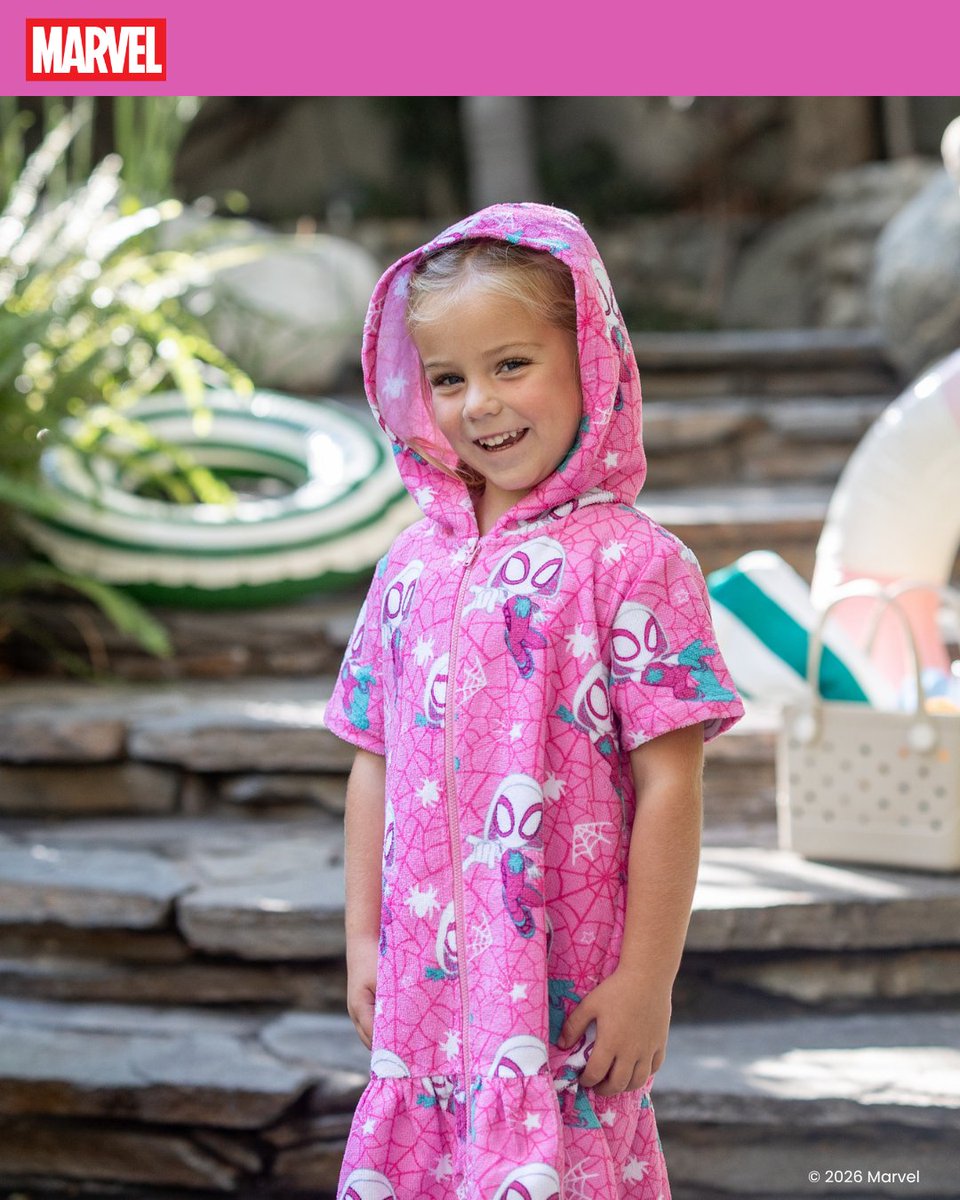 patpatshopping's tweet photo. Swim done. Hero mode: still on. 💗 The Marvel Spider-Gwen hooded towel romper — because she's not ready to stop being a Super Hero just because swim time is over. 

Shop now: https://t.co/9cfGxoCO2k https://t.co/xL5tHhzRtM
