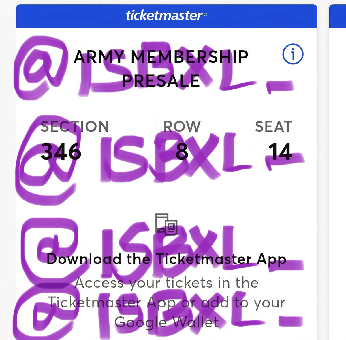 isbxl_'s tweet photo. WTS BTS ARIRANG LAS VEGAS 💜

(1) seat for Sunday, May 24 show
Section 346, Row 8, Seat 14

Selling for my friend for $180 (face value). Paypal G&amp;S only for payment.

Can show more proof via DM. DM me if interested!

Rfs: I got tickets for the LA D1 :) 

@WTS_BTStickets https://t.co/lTum3qc0NL