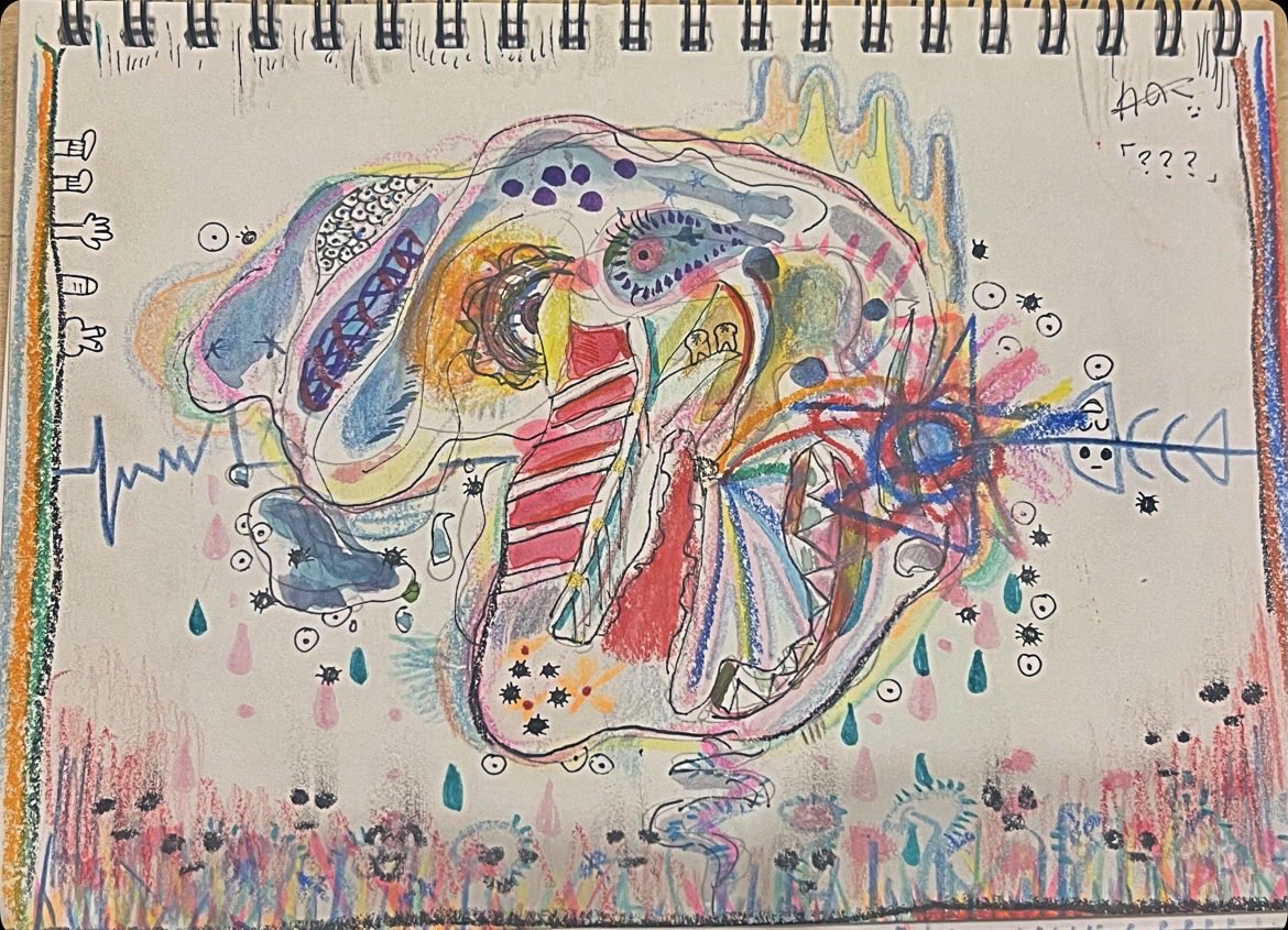 fish_Eye0818's tweet photo. 慰め完了したのでアップします🫂
確かこの子、階段を描こうと思ってたらいつのまにか頭蓋骨になった子です💀🪄︎︎✨
曲のジャケ写にありそうな構図にしてみました📀🎶📷🫀🐟🍚
こういう構図が好きです🙈💕🐛🐝🐜🐞🐌
 #絵  #イラスト  #art  #アート  #抽象画  #頭蓋骨 https://t.co/HwZEZV1m2r