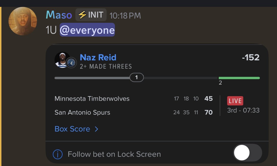 yeaitsmaso's tweet photo. There he is🪼

Needed it. 1-1 on the day🚶🏾‍♂️

Big Jelly✅🙌🏾

NBA live 💣 

Timberwolves/Spurs🏀

Naz Reid 2+ 3s (-152) 1U✅ https://t.co/J5TLhu3LhW