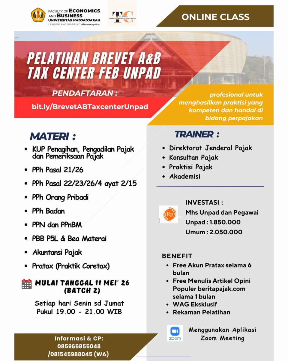 febunpad's tweet photo. Yuk tingkatkan kompetensi perpajakanmu bersama Pelatihan Brevet A &amp; B Tax Center FEB Unpad! 😊
🎁Benefit:
✔ Free akun Pratax 6 bulan
✔ Kesempatan publikasi artikel opini
✔ WAG eksklusif
✔ Rekaman pelatihan
https://t.co/J0B8LpMd5Z
Info: 085965855048(WA)
#BrevetPajak #febunpad https://t.co/RbrHc9pLD7