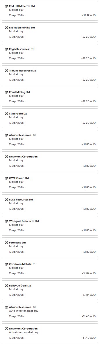 AsxBaby's tweet photo. 13 April 2026

Auto buy plus dividend reinvestment from EVN, RRL, CMM and PRN!

#ASX #GOLD #MINING $GWR.AX $WGX.AX $FMG.AX $ALK.AX $ILU.AX $RHI.AX $MIN.AX $EVN.AX $PRN.AX $SBM.AX $RND.AX $NST.AX $TBR.AX $BCN.AX $RRL.AX $NEM.AX $CMM.AX $BGL.AX https://t.co/6nvDbYNJwZ
