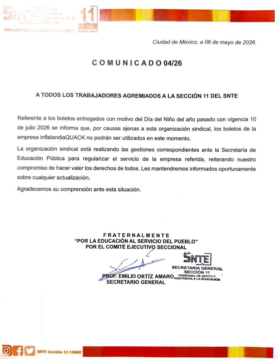 secc11cdmx's tweet photo. C O M U N I C A D O 04/26
A todos los trabajadores agremiados a la Sección 11 del SNTE. https://t.co/W6CMnnguWE