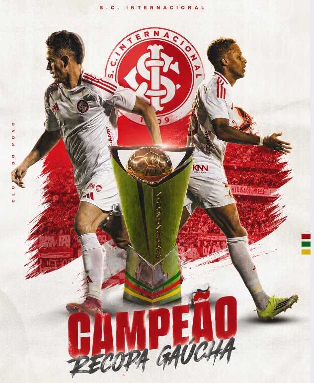 É CAMPEÃO! 🏆🇦🇹

Inter vira pra cima do Brasil de Pelotas, ganha por 2 a 1 e se sagra campeão da Recopa Gaúcha de 2026.

Vitinho e Borré marcaram os gols dos título colorado.
