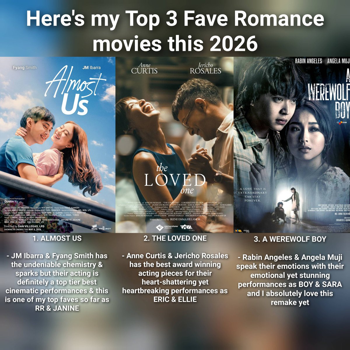 Out of the 4 Romance Pinoy movies, I watched last January until now... After hours of my own decision to pick, HERE'S MY FINAL TOP 3 ROMANCE PINOY MOVIES FOR 2026

1. #AlmostUs
2. #TheLovedOne
3. #AWerewolfBoyPH