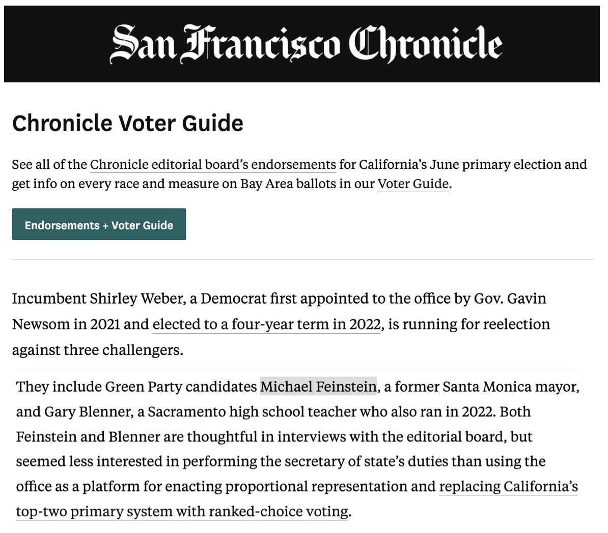 <a href="/sfc_opinions/">SFChronicle Opinion</a> The Chronicle: Green Party candidates Michael Feinstein, a former Santa Monica mayor &amp; Gary Blenner,  a Sacramento high school teacher...are thoughtful, [are] using platform for enacting proportional representation &amp; replacing CA’s top-two primary system w/ranked-choice voting