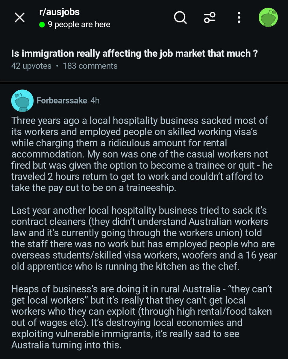 CaptainMeow123's tweet photo. Scummy business owners love high immigration because it enables them to fire local workers who demand a fair wage and replace them with cheap migrants. 

This is why Australia is fast turning to shit. More people competing for jobs and housing. Wages down. Quality down. Rents up. https://t.co/U4sNMLSAoT