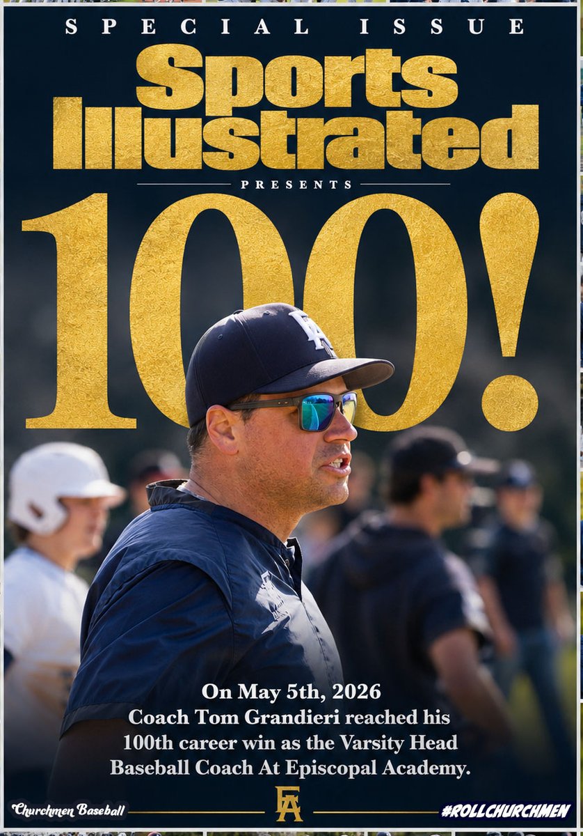 EABaseball1785's tweet photo. Congratulations to Coach Tom Grandieri on a massive milestone! On May 5th, 2026, Coach Grandieri secured his 100th career win as the Episcopal Academy Varsity Head Coach in a victory against Springside Chestnut Hill Academy.

#rollchurchmen #goea https://t.co/ZwdS8khbAW