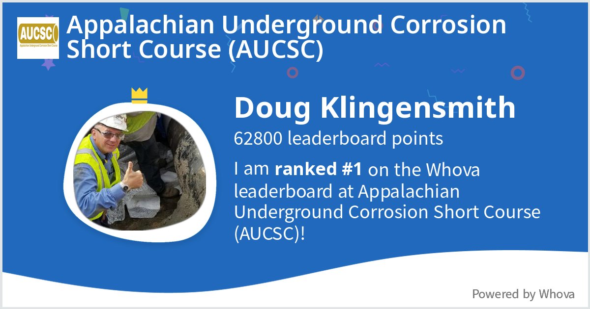 dlklingensmith's tweet photo. I ranked #1 on the Whova leaderboard at Appalachian Underground Corrosion Short Course (AUCSC)!  - via #Whova event app https://t.co/yMmO7xxoNo