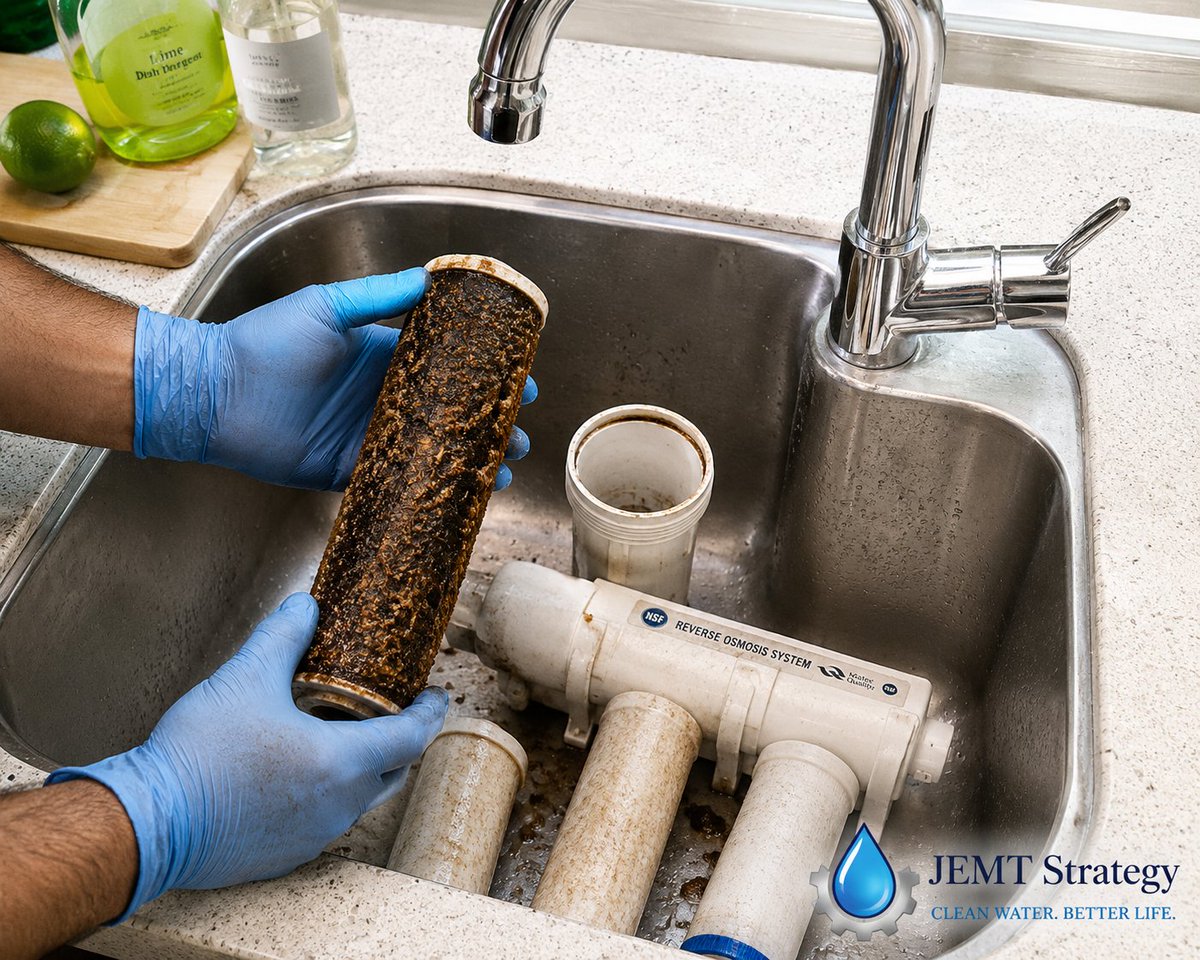 jemtstrategy's tweet photo. The Real Moment of Truth During Filter Change! 😱💧
Our JEMT Strategy technician removing a heavily clogged sediment cartridge full of mud, rust, and built-up contaminants. This is the real work we do to keep your home’s water pure and safe. https://t.co/aXTUZhplCK