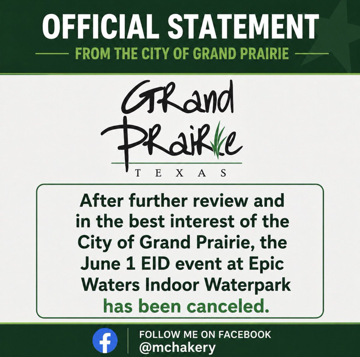 itschakery's tweet photo. The City of Grand Prairie has canceled the June 1st "Muslim Only" EID event at Epic Waters Indoor Waterpark following growing controversy and public pressure — including criticism from Texas Governor Greg Abbott. https://t.co/d9VuWe2HoF