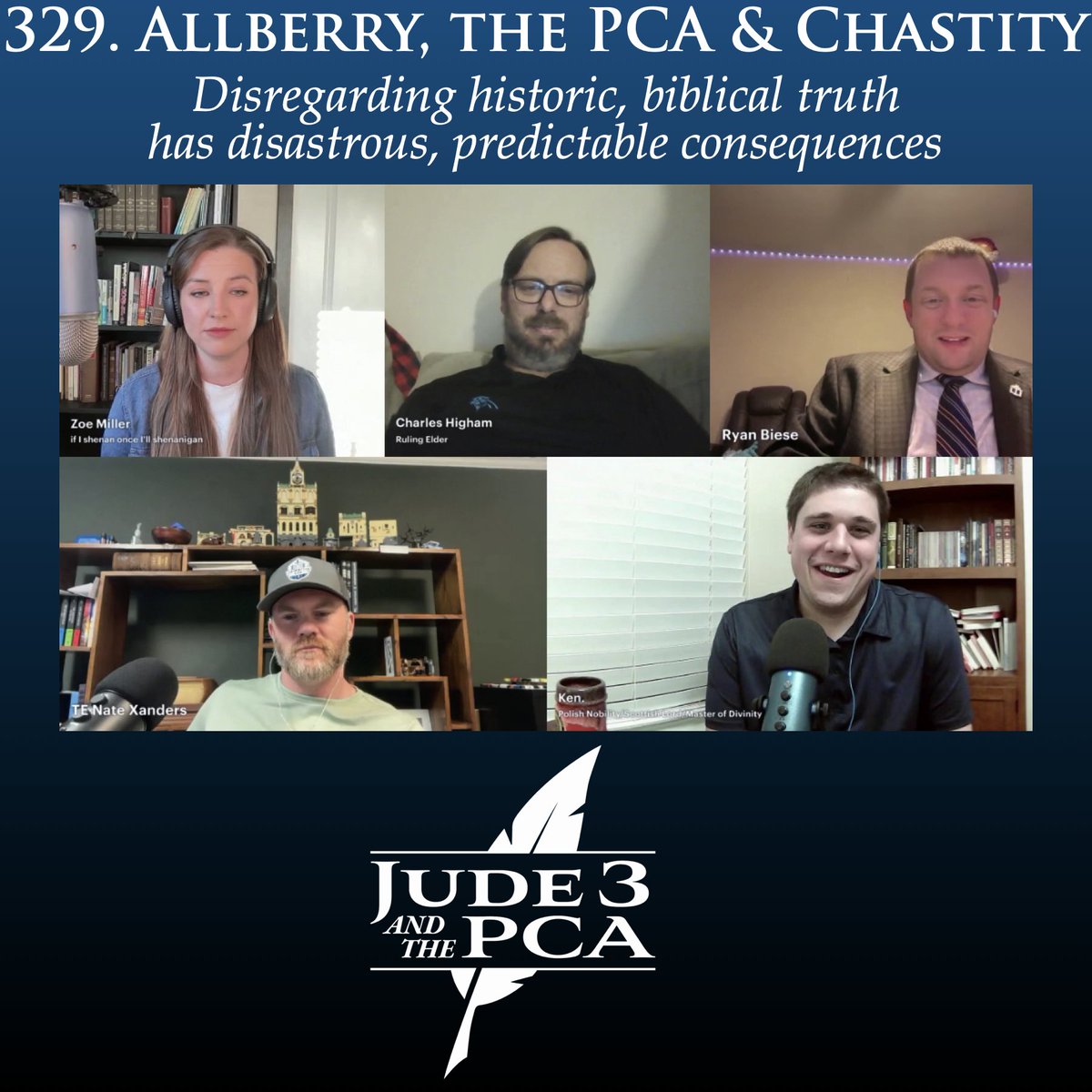 TheWSpod's tweet photo. A panel of @nsxanders @WojoKen @zoeschimke &amp; @charlesrhigham offers analysis of @SamAllberry's defective theology and lifestyle. #PCAGA institutions need to stop platforming men wiht false teaching that contradicts the Westminster Standards. 
https://t.co/G4nQDF6z6j https://t.co/fjtbKi073h