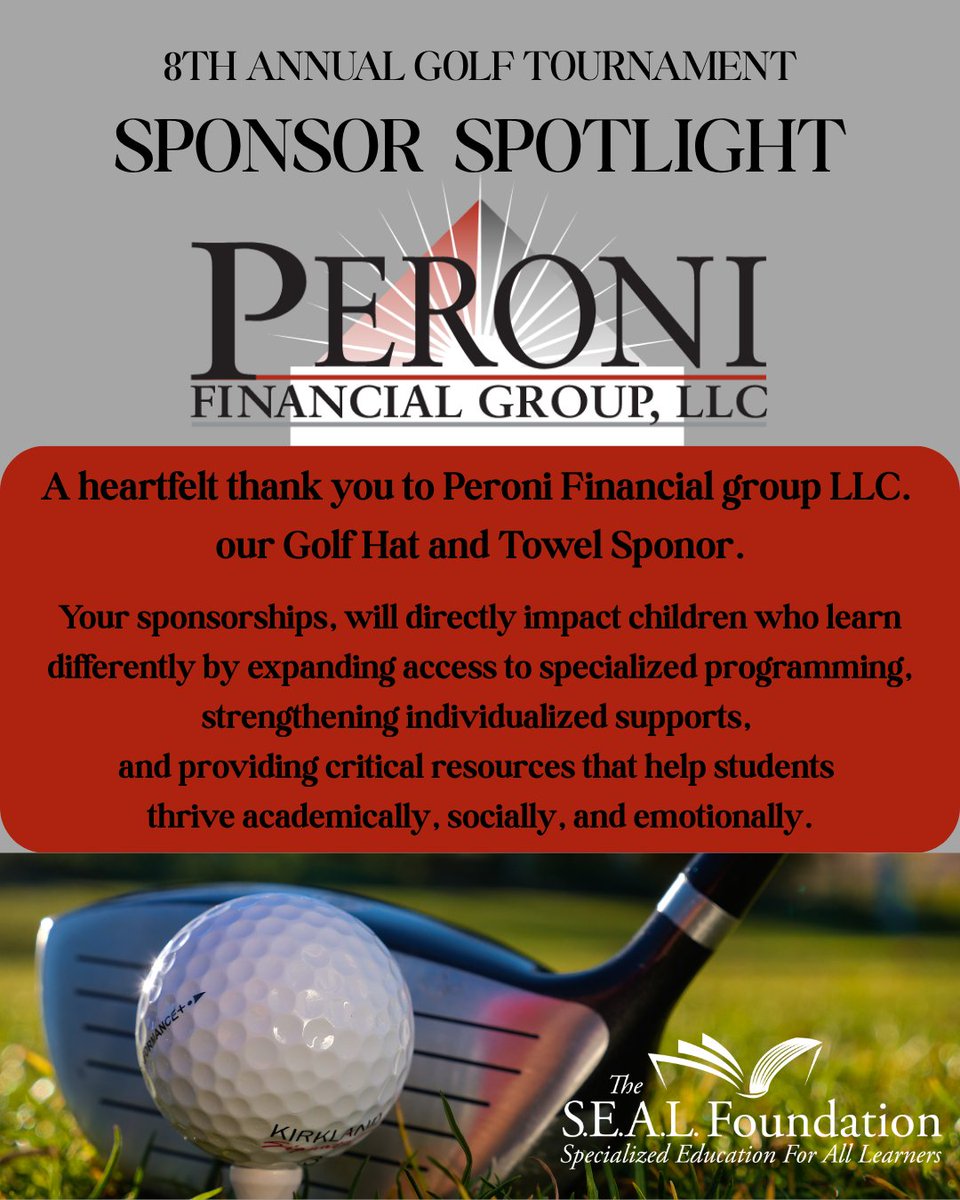 SEAL_Foundation's tweet photo. A heartfelt thank you, to Peroni Financial Group, LLC., our Golf Hat &amp; Towel Sponsor. We are profoundly grateful for your partnership &amp; for your belief in children who learn differently. Your support will have a lasting impact on the lives of the those we serve. https://t.co/UdXgFyEpiW