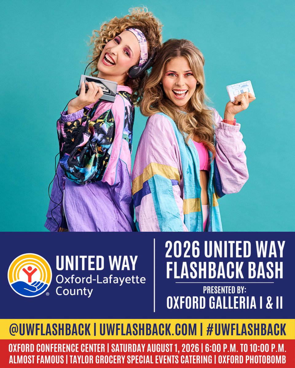UWFlashback's tweet photo. Flash back for our community’s future! Come as you are, as you were, or however you want to be!

2026 United Way Flashback Bash, Presented by Oxford Galleria I &amp; II
Saturday August 1, 2026
6:00 p.m. to 10:00 p.m.
https://t.co/3BsNSHiz66

#WaybackWednesday #UWFlashback #UWOxfordMS https://t.co/UCjTc9qKXh