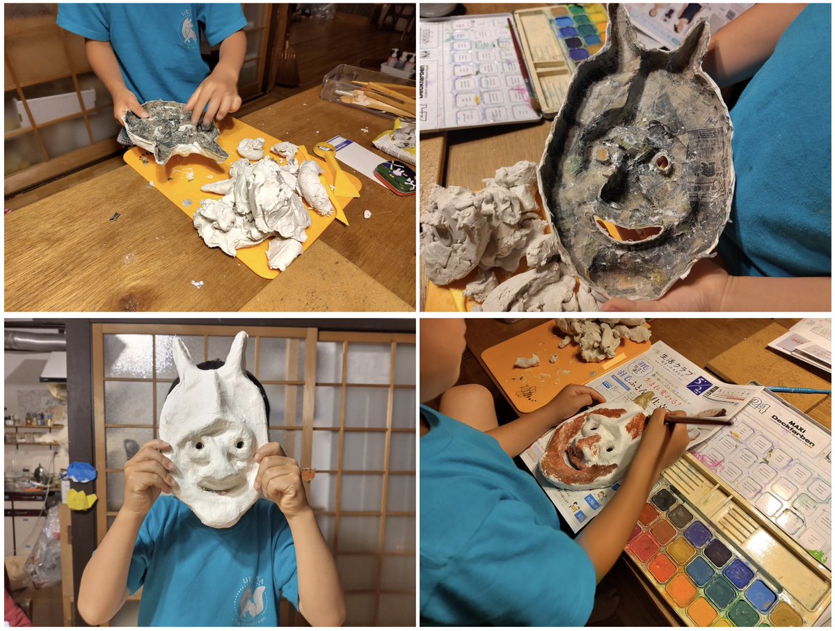 hiraku1980's tweet photo. GW中に壬生狂言を9時間も観た息子氏(6歳)。その影響もあり、あまりの怖さに封印していたお面作りを再会！粘土を外し、塗装、ヒモを付けて般若完成。独特の怖さ。そして、もう次のお面に取りかかっています。

https://t.co/R3x3lsHY31 https://t.co/tQV2aRDyWC