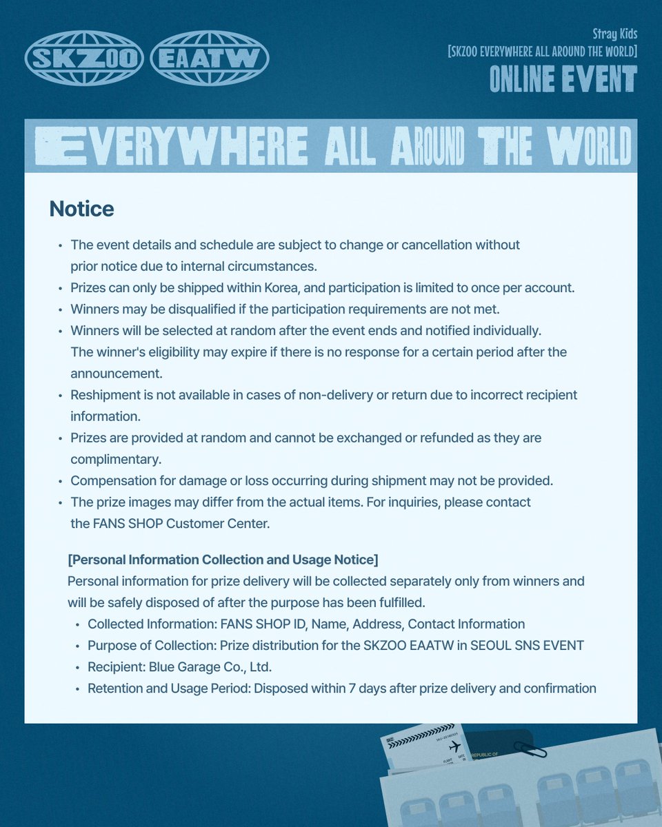 Stray Kids [SKZOO EVERYWHERE ALL AROUND THE WORLD in SEOUL] POP-UP STORE

#EVENT

STAY getting ready for a long flight!✈️
Who will you sit next to?

Share your preferred seat and reason
by quote Tweeting this post!
Randomly selected winners will receive a special gift💝

* Please