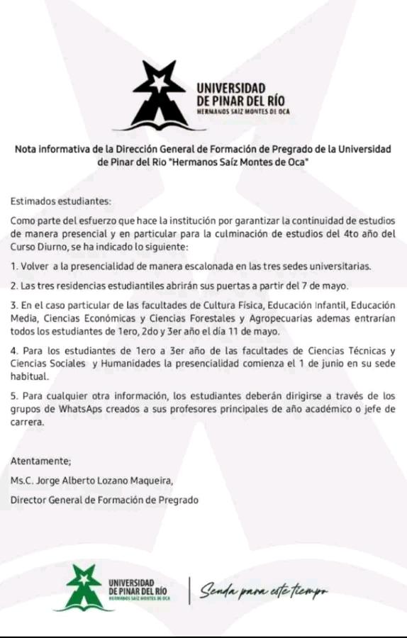 MinagDel's tweet photo. 📕| Universidad de Pinar del Río "Hermanos Saíz Montes de Oca"  informa regreso a la presencialidad del proceso docente.#Cuba https://t.co/IKmqroD7tz