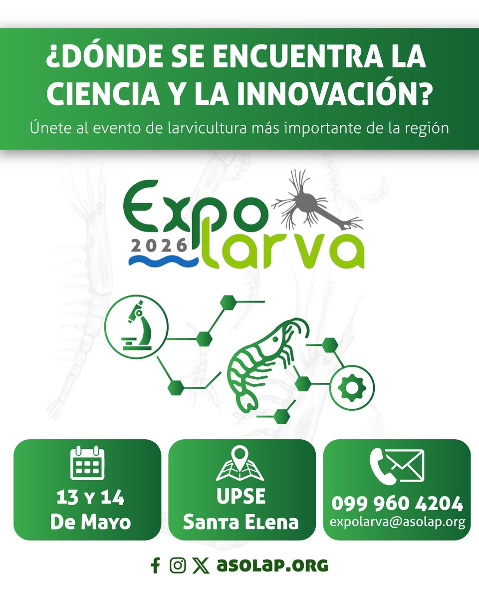 ASOLAP1's tweet photo. Llega la 4ta edición de ExpoLarva 🦐 Sé parte del evento más importante de la larvicultura en la región. 🐟🔬

Link de inscripción 🔗 https://t.co/ObNIQnik6p

📅 13 y 14 de mayo de 2026
📍 Universidad Estatal Península de Santa Elena
📞 099-960-4204
📧 expolarva@asolap.org https://t.co/OCl6KLIWin