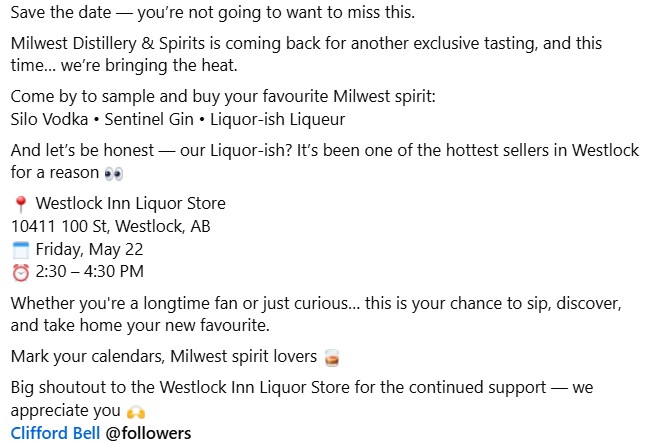 MilwestSpirits's tweet photo. WESTLOCK… WE’RE BACK 🔥🥃
Save the date — you’re not going to want to miss this.

#VodkaLovers #GinLovers #Liquorish  #NowPouring #PrairieProud #SentinelGin #SiloVodka #LiquorIsh #WestlockTerminals #WTLTerminals @WTLTerminals #PortOfWestlock #MilwestDistillery @MilwestSpirits https://t.co/nvPVcOheSe