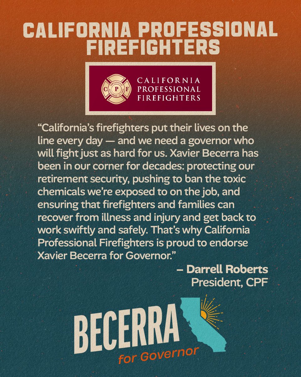 Honored to receive the endorsement of the California Professional Firefighters, representing 38,000 firefighters and emergency medical service personnel across our state.

Those on the frontlines protecting California deserve a governor who will fight for fair wages, strong