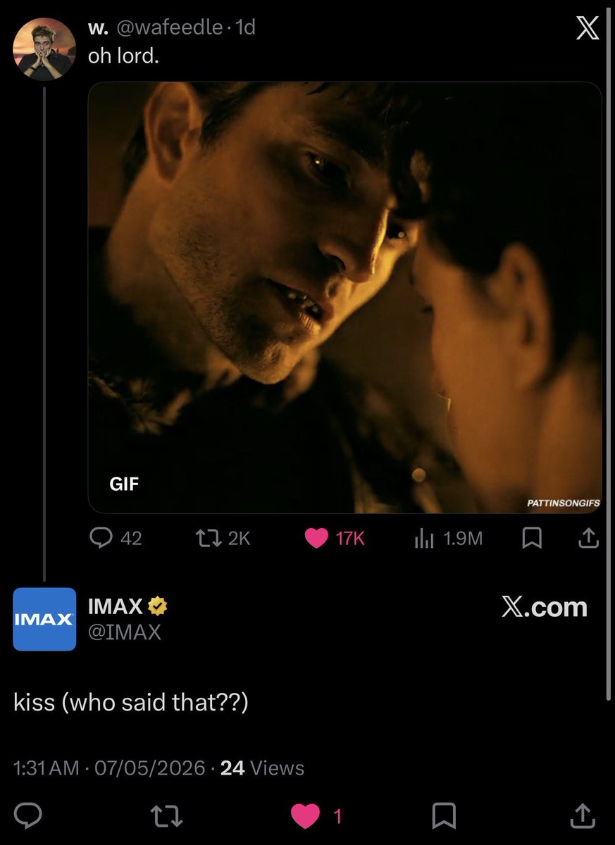 if i had a nickel everytime imax replied to a tweet about robert pattinson yaoi, i'd have two nickels. which isn't alot, but it's weird that it happened twice