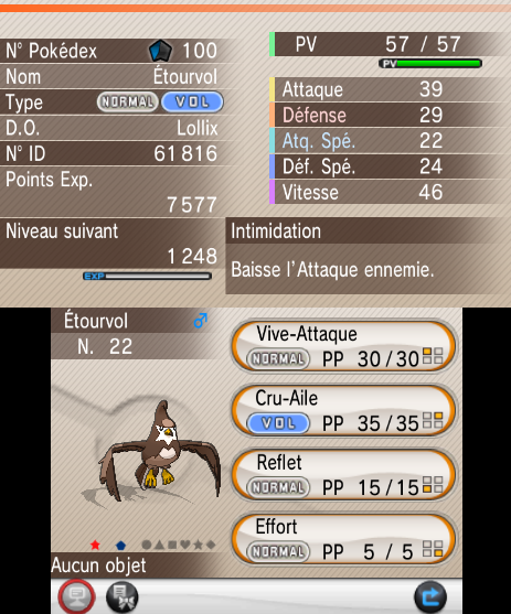 étourvol shiny en 1016 rencontres, 14eme etape du SRQ Kalos, ça avance bien et surtout ça fraude bien x)