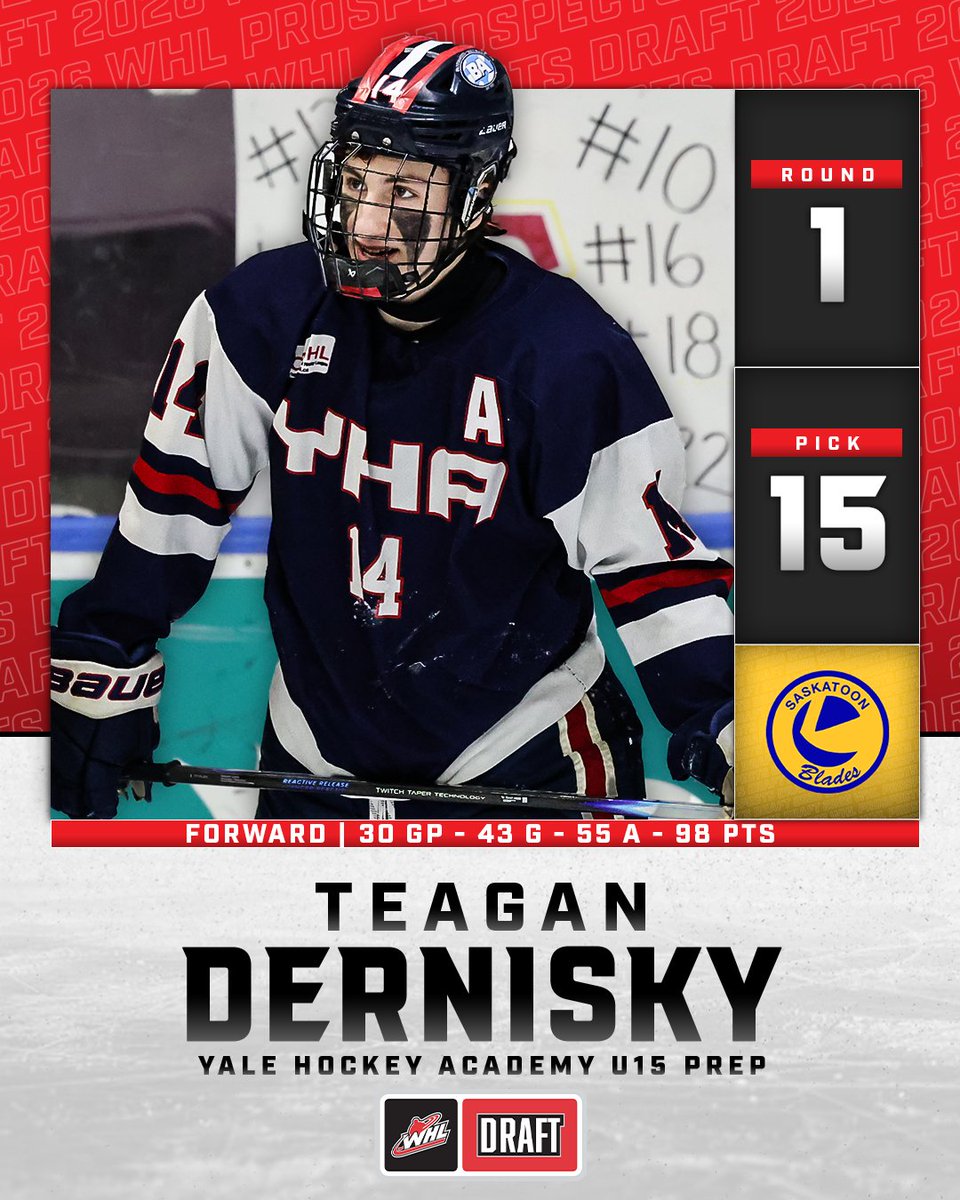 TheWHL's tweet photo. With the fifteenth-overall pick in the 2026 #WHLDraft, the Saskatoon Blades selects Teagan Dernisky!

@BladesHockey https://t.co/g4Efysa99O