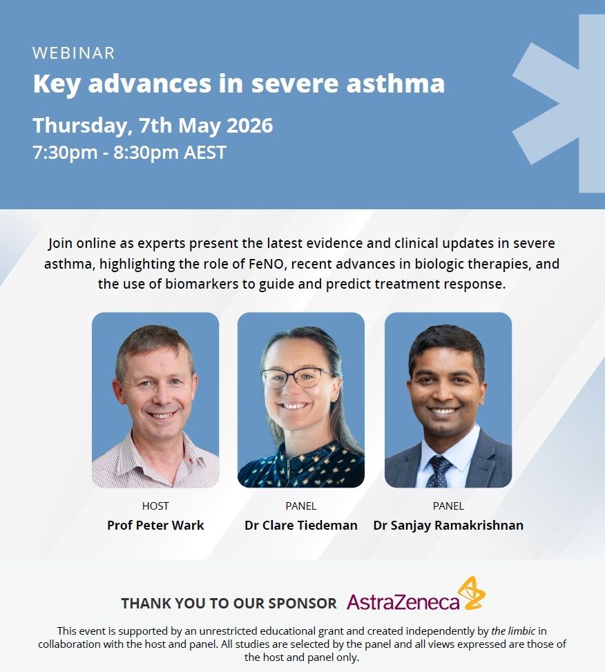 Resp_Health's tweet photo. Dr Sanjay Ramakrishnan panels tonight's severe asthma webinar by @thelimbicresp — FeNO, biologics and biomarkers. 7:30–8:30pm AEST.
https://t.co/ByiQAzp2Gm

@AstraZeneca

#lungresearch #severeasthma https://t.co/YnZS6IKyni