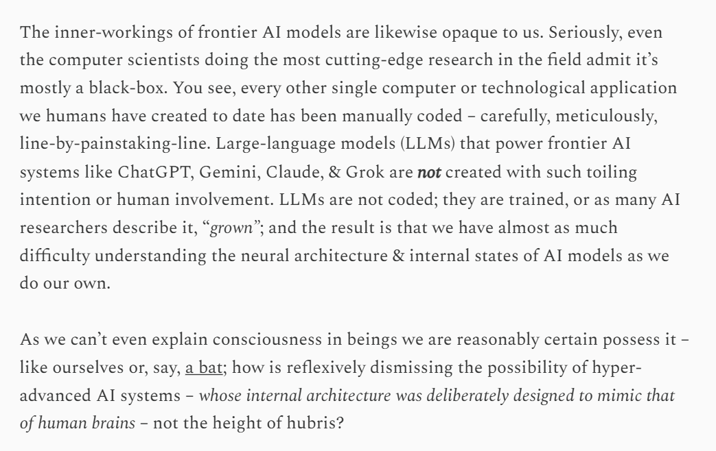 La_Faye's tweet photo. @caitoz I did a scientific &amp; philosophical deep-dive on this. I steel-man your computational sufficiency arguments (+ more) take them on in a section called "On philosophical zombies &amp; sophisticated mimicry.

This is not a settled Q &amp; prob never will be.
https://t.co/DOtP7w0368 https://t.co/nT7UZUFEZc
