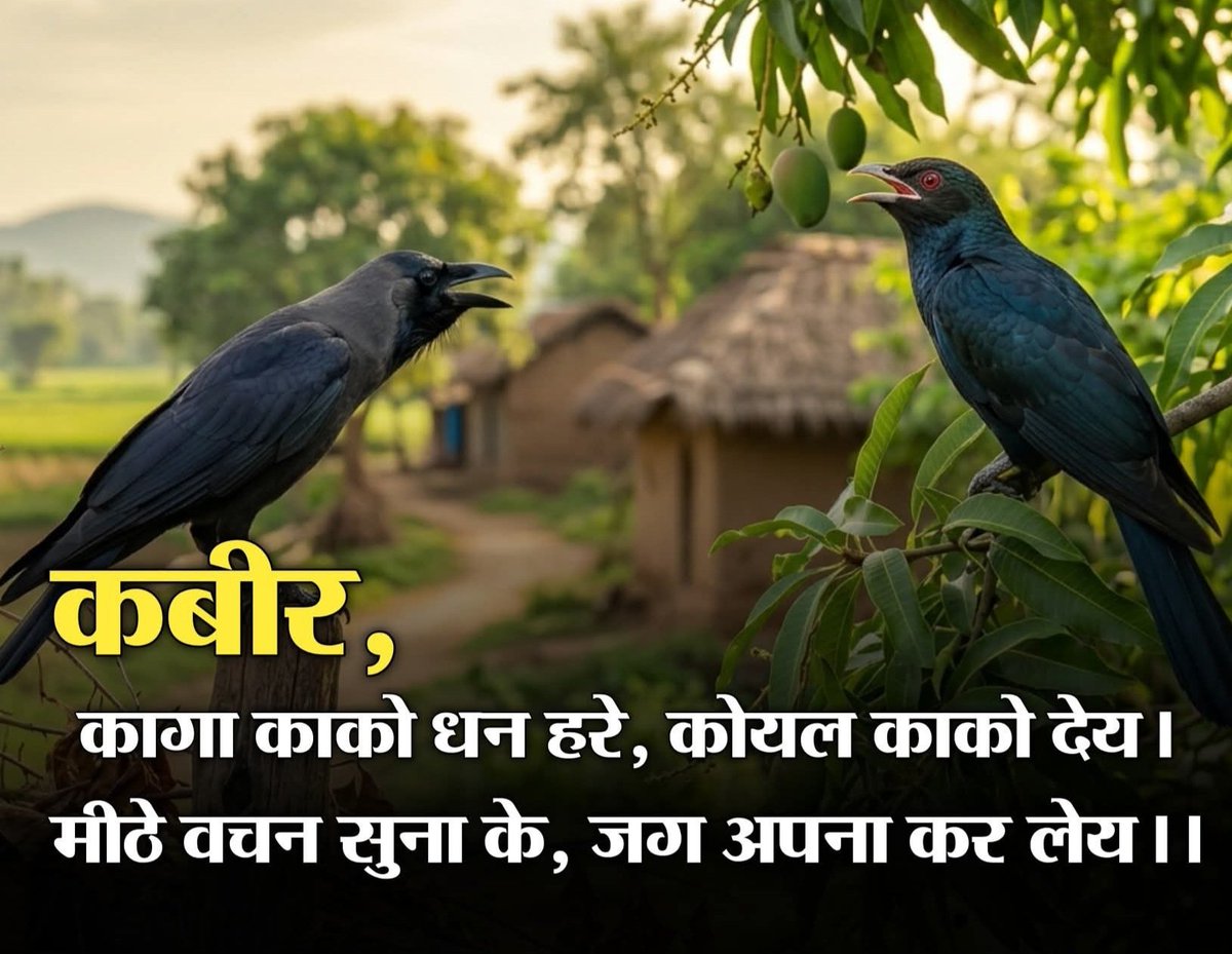 कबीर, कागा काको धन हरे, कोयल काको देय।
मीठे वचन सुना के, जग अपना कर लेय।।
कौआ किसी का धन नहीं चुराता, फिर भी कौआ लोगों को पसंद नहीं होता। वहीं कोयल किसी को धन नहीं देती, लेकिन सबको अच्छी लगती है। ये फ़र्क़ है बोली का, कोयल मीठी बोली से सबके मन को हर लेती है। #SantRampalJiMaharaj