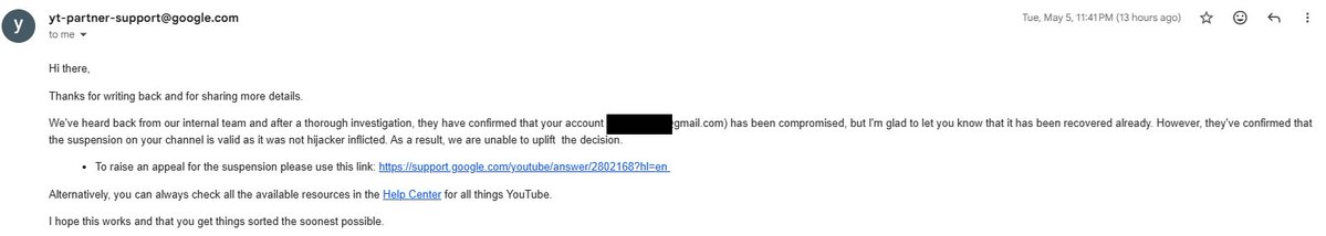 <a href="/TeamYouTube/">TeamYouTube</a> My channel was hacked and deleted by YouTube while the hackers still had access to it. The channel has since been restored but they won't grant me access to it. They seem to think the termination wasn't because of the hackers but it was. Please help!