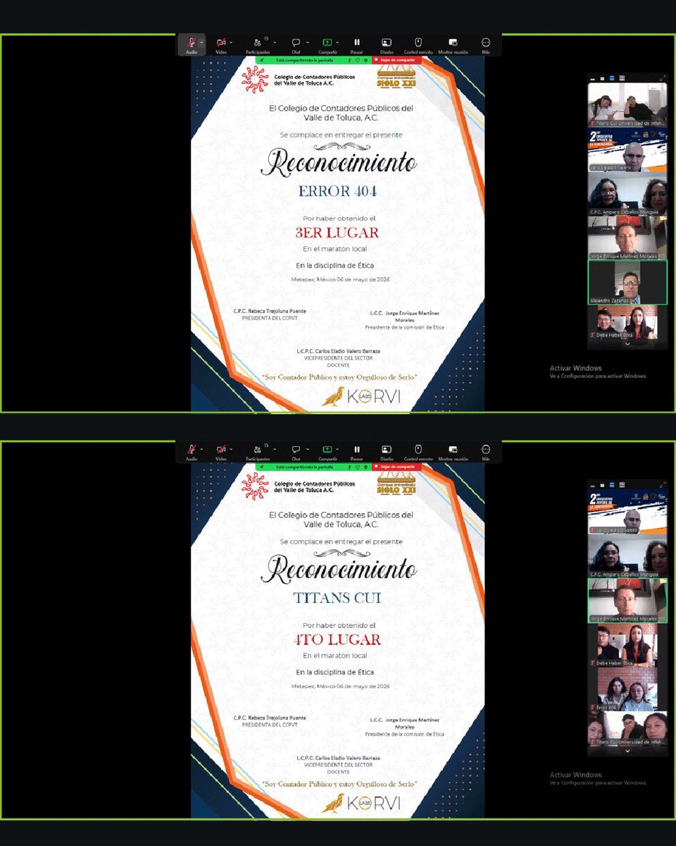 IMCP_Toluca's tweet photo. Se llevó a cabo el Maratón Local de Conocimientos de Ética.

Felicitamos a los equipos ganadores:
🥇1° lugar: “Las Guardianas del Balance” —Universidad Siglo XXI
🥈2° lugar: “Los ContaCool” —TESSFP
🥉3° lugar: “Error 404” —Universidad de Atlacomulco
🏅4° lugar: “Titans CUI” —CUI https://t.co/468crFiUp2