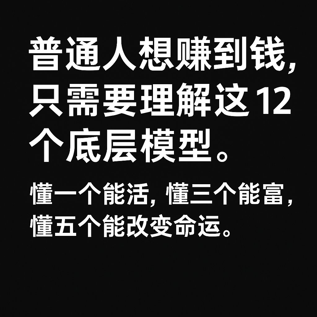 LiumangtuCrypto's tweet photo. 普通人想赚到钱，只需要理解这 12 个底层模型。

懂一个能活，懂三个能富，懂五个能改变命运。

1）差价模型（最古老也最有效）

信息差、渠道差、时间差、供应链差……
找到一个差，你就能找到钱。

2）复利模型（富人最喜欢的游戏）

不断叠加、不间断、不情绪化。
钱不是一次赚的，是“时间 × 纪律”熬出来的。

3）流量模型（注意力=货币）

流量就是人，人就是机会。
掌握流量的人，永远不愁赚钱方式。

4）品牌溢价模型（最强定价权）

同样的东西，凭什么你卖更贵？
答案只有一个：信任成本更低。

5）杠杆模型（放大你的人、钱、时间）

普通人靠蛮干，富人靠杠杆。
学会让系统、工具、内容替你赚钱。

6）平台模型（你赚钱，但平台赚得更多）

你以为是在赚钱，其实是在替平台积累资产。
醒悟后，你会开始搭建“自己的平台”。

7）模型迁移（把一个方法复制到更多场景）

一个能赚钱的方法，不应该只用一次。
能迁移、可复制，才是财富飞轮。

8）概率思维（赚钱不是预测，是提高胜率）

高手不是每次都对，但长期一定赢。
因为他们只下注 有概率优势的位置。

9）价值交换模型（钱=解决问题的能力）

你解决的问题越大，被付的钱越多。
越能避免替换，你越值钱。

10）单点突破模型（99%的人输在分心）

先把一件事做到极致，再扩张。
钱是从“锋利”流向“平庸”，不是反过来。

11）趋势模型（普通人最容易逆袭的捷径）

跟着趋势走，你的努力才有倍数效应。
方向不对，越努力越穷。

12）系统模型（赚钱从来不是靠人，而是靠系统）

赚钱的尽头不是勤奋，而是——
让系统替你赚钱，让你从系统中抽成。

🧨 赚钱不是能力问题，是模型数量问题。
你掌握的模型越多，世界就越主动地把钱推给你。
