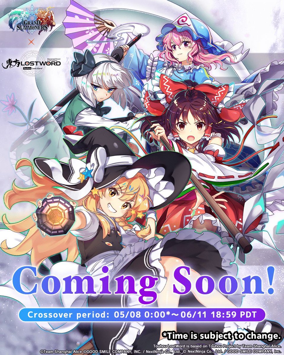 GRDSMN_GLOBAL's tweet photo. Maintenance will begin 5/7, 19:00 (PDT). 🔨

The Crossover Event with Touhou LostWord begins afterwards! https://t.co/Uvyw1HdOUR