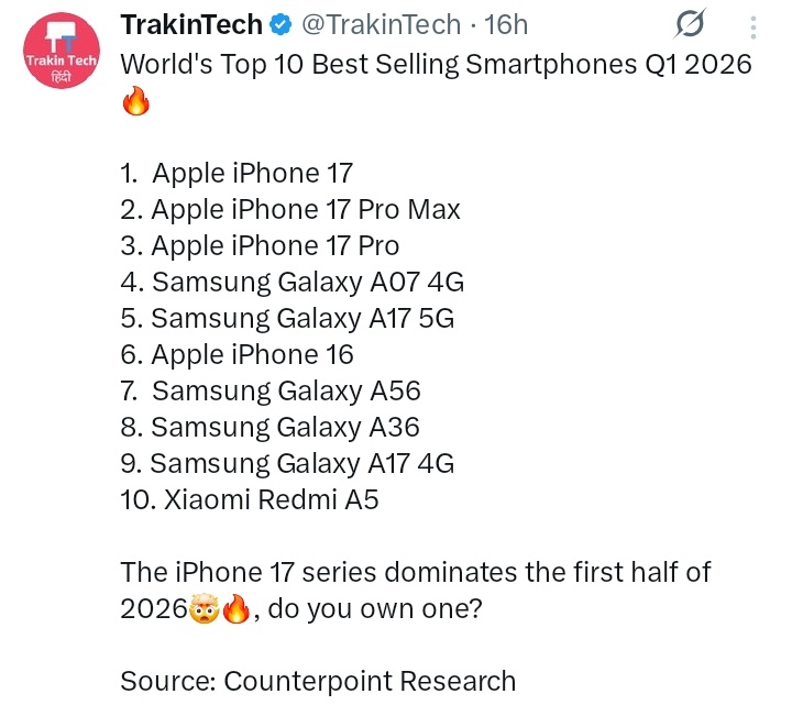 adelicattes's tweet photo. WAH... best selling smartphone Q1 tahun ini juaranya iphone 17 basic yah 😭 https://t.co/Q0PEP2i20F