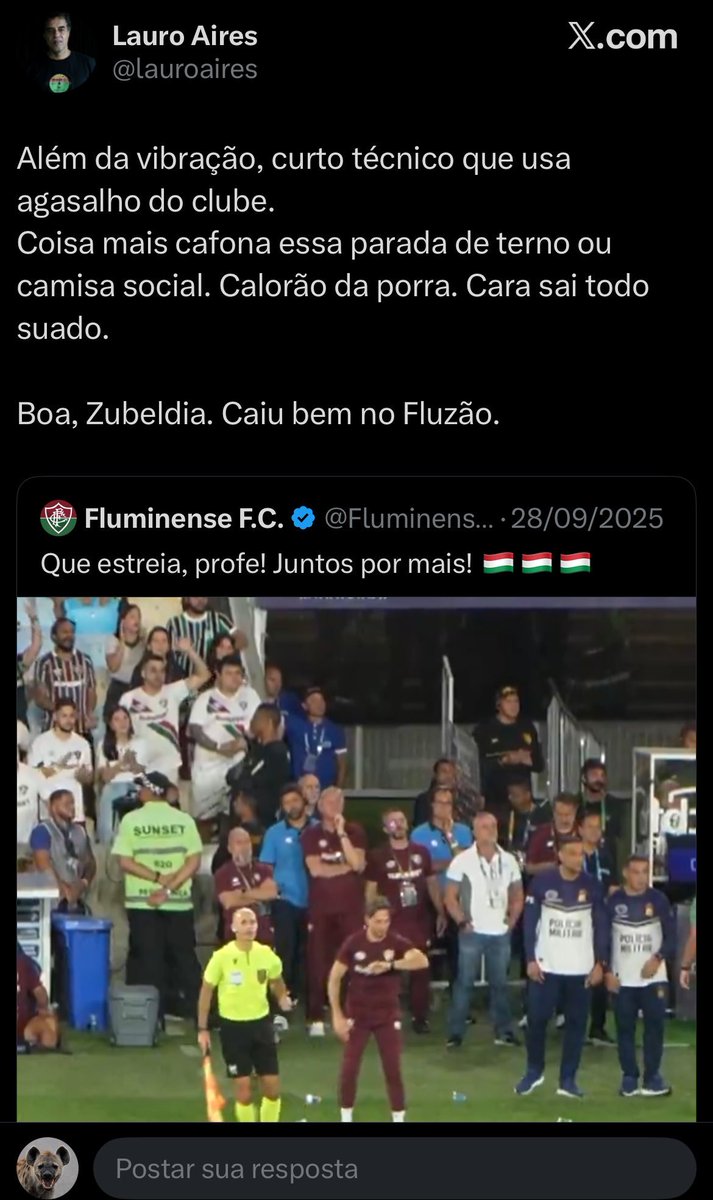 04denovembro23's tweet photo. Além da vibração, curto técnico que usa agasalho do clube. 

Coisa mais cafona essa parada de terno ou camisa social.

Boa, Zubeldia. Caiu bem no Fluzão. https://t.co/12EusvQqfA