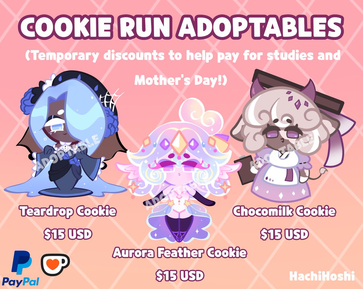 HachiHoshilin's tweet photo. 🍪 BATCH OF COOKIE RUN ADOPTABLES 🍪

So, due to school expenses and for Mother's Day, I've decided to offer these cookies at their original prices 🩷 The purchase includes a PNG with a base background and without a background. 

I'll leave images and links in the comments https://t.co/xbzDWUHvq0