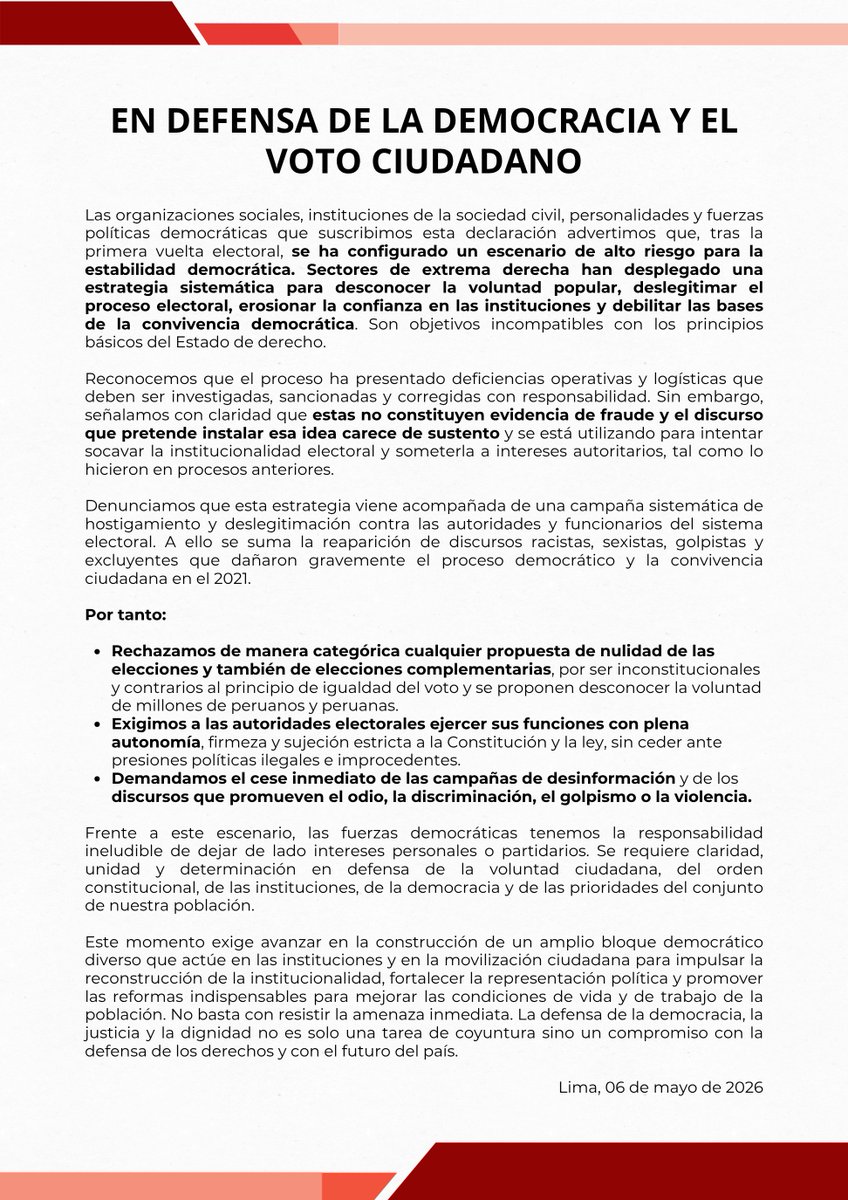 PlataformaXLademocracia Perú tweet media