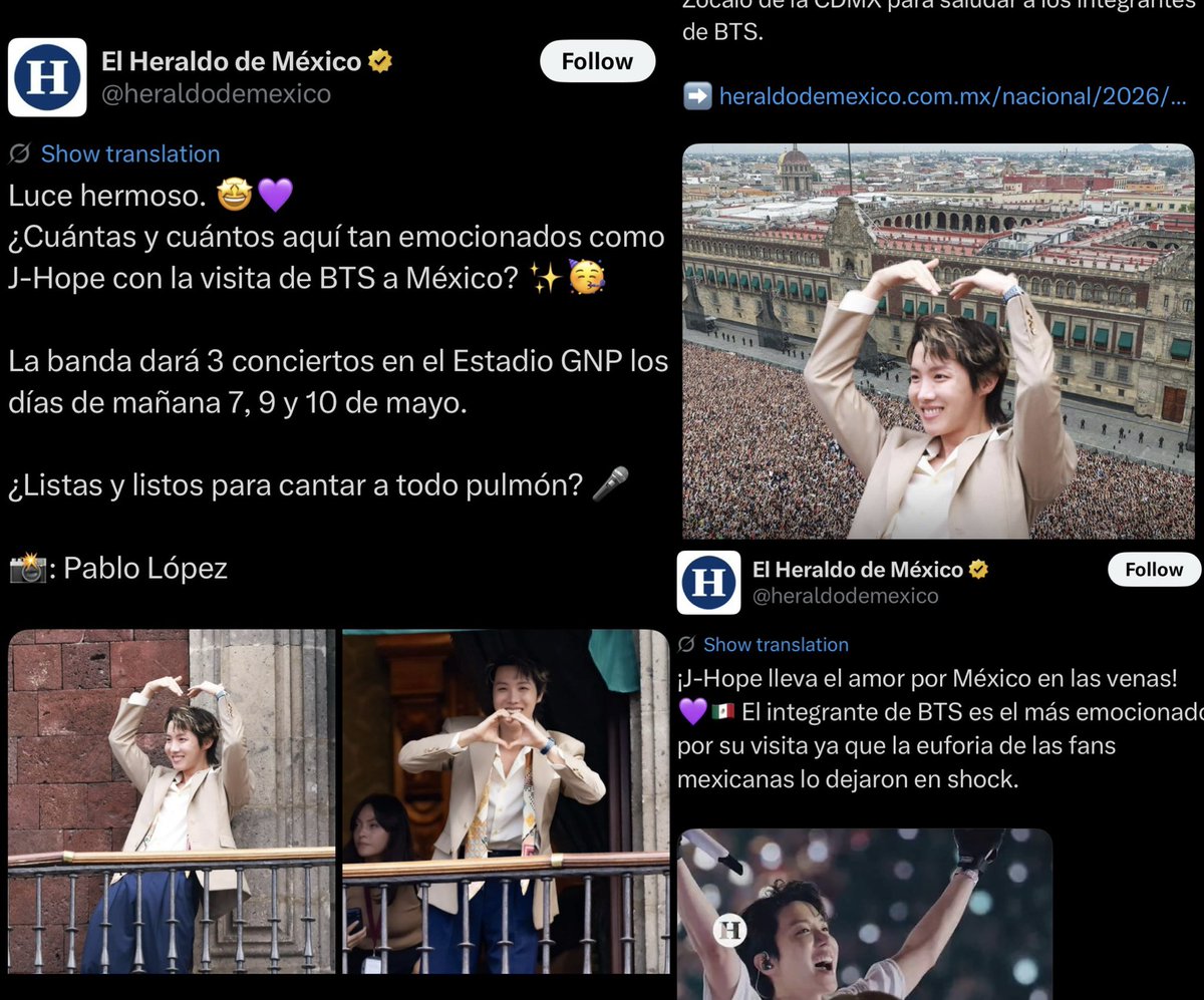 Mexican media knows who’s the KING OF LATAM and the KING OF MEXICO 🔥😌

Hobi (Jose) is the only member being highlighted for his excitement about visiting the country, about how great he looked today and about his love for Mexico 🇲🇽 !

People’s prince indeed 👑

#jhope