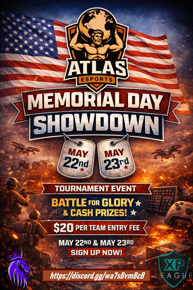 AtlasEsportsTX's tweet photo. Atlas Esports is proud to announce our Memorial Weekend Call of Duty Tournament, a 2‑day competitive event taking place May 22–23 in collaboration with @XP_Leagues and @APLOfficialHQ .  Registration Details are in the announcements HERE: https://t.co/iGLNoD2MZH https://t.co/4yeikzKa0O