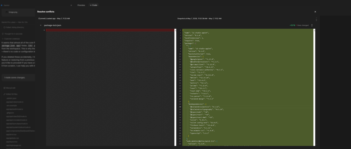 Ray_DaHero's tweet photo. Google AI Studio just acted very strangely running a long execution and then deleted my whole codebase, wtf?! Can someone from the team please reach out to figure out what happened?! @GoogleAIStudio @OfficialLoganK @ammaar @osanseviero 

Version history is there for reversions, and I do have it backed up to GitHub from a few features back so not all is lost, just deeply concerning as to what went so wrong.

Even the chat history is gone so I can't go back and see what happened under the hood, but this is the only screenshot I managed to grab (sadly focusing on a change log so it is blurred). On the left you can see faintly 59 files were deleted.