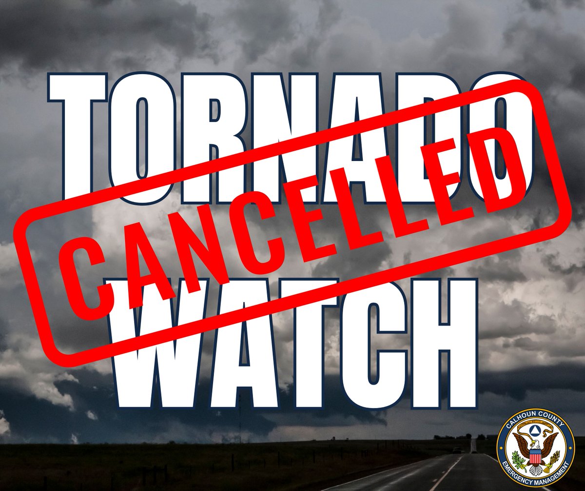 Calhoun County has been removed from the Tornado Watch. The threat of severe weather has ended.